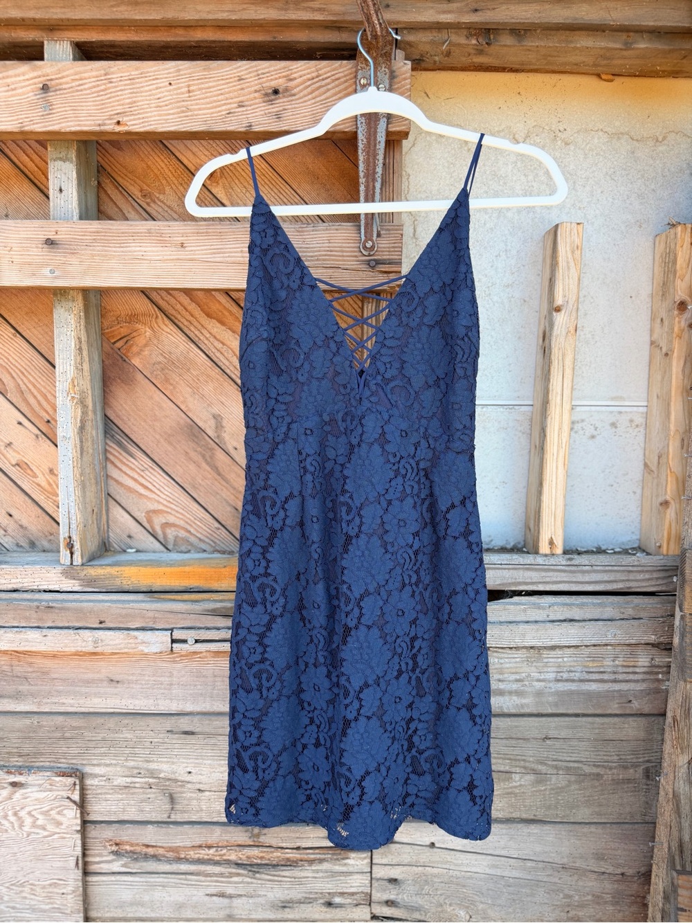 Astr Navy Lace Spaghetti-Strap Mini Dress